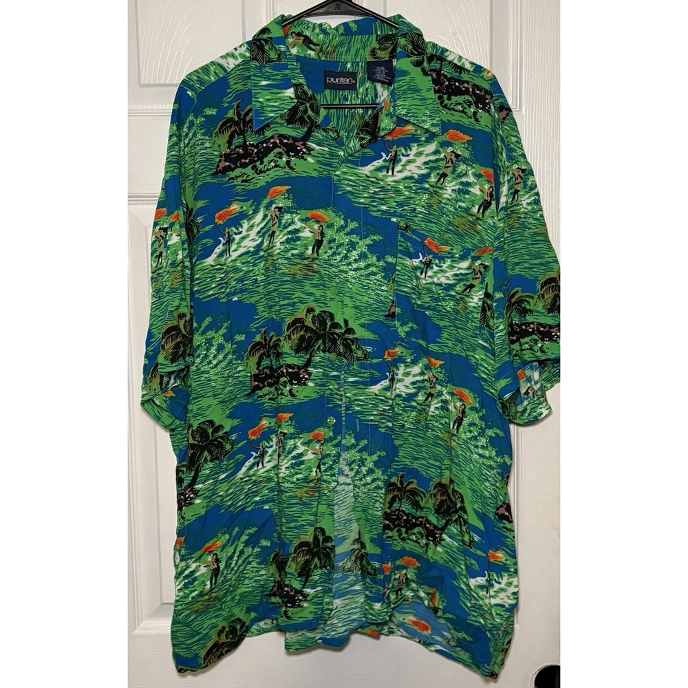 Vtg 80's Blue Green Rayon FIRE THROWING Hawaiian SAVAGES Island Tropical Shirt